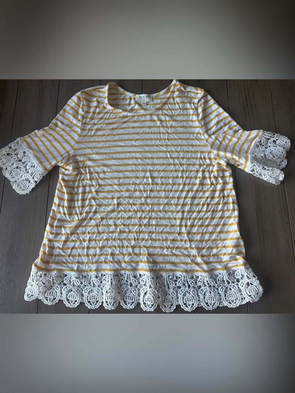 Kim & Cami Yellow and White Striped Lace-Trim Tunic
